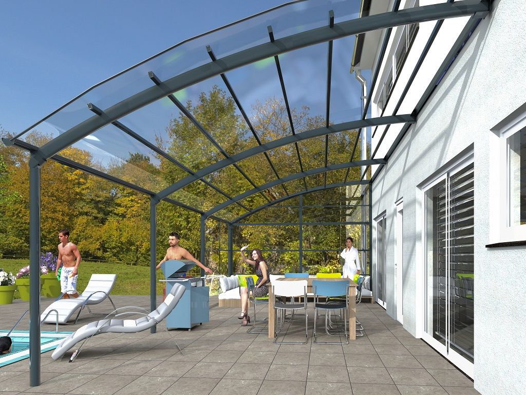 Pergola Ovalux vue extérieure avec toiture polycarbonate transparente