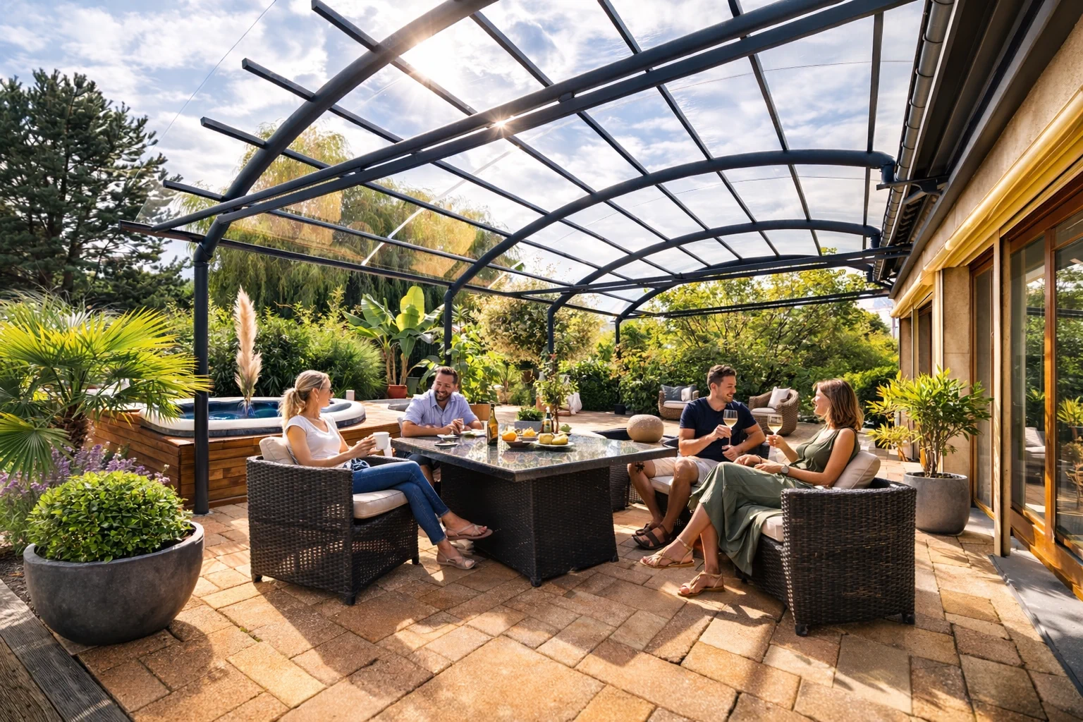 Famille profitant d'un apéritif sous une pergola Ovalux aluminium à toiture cintrée, terrasse ensoleillée avec spa et mobilier de jardin