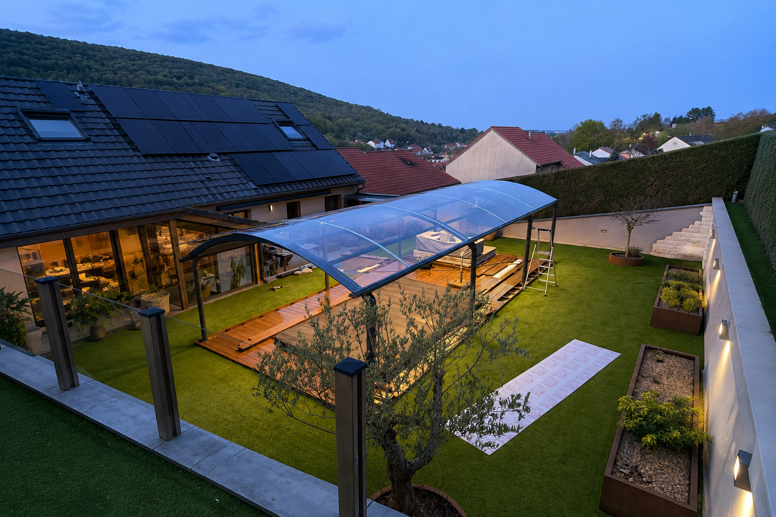 Pergola Ovalux à toiture cintrée abritant un spa sur terrasse bois au crépuscule, vue plongeante sur jardin paysager